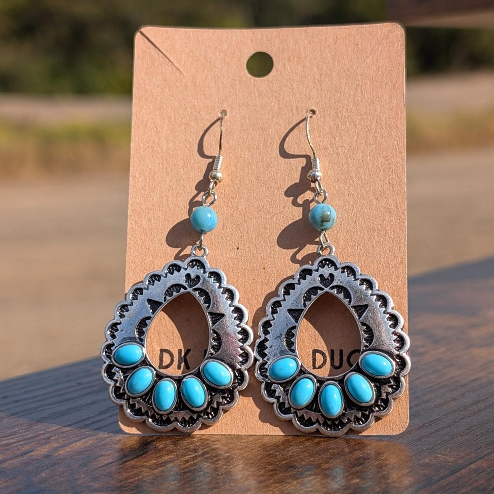 BoHo Southwest Silver Toned and Turquoise Drop Earrings W/ Sterling French Hook